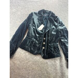 Banana Republic Sz2 Teal Jewel Tone Velvet Velour  Cropped Blazer Rhinestone NWT